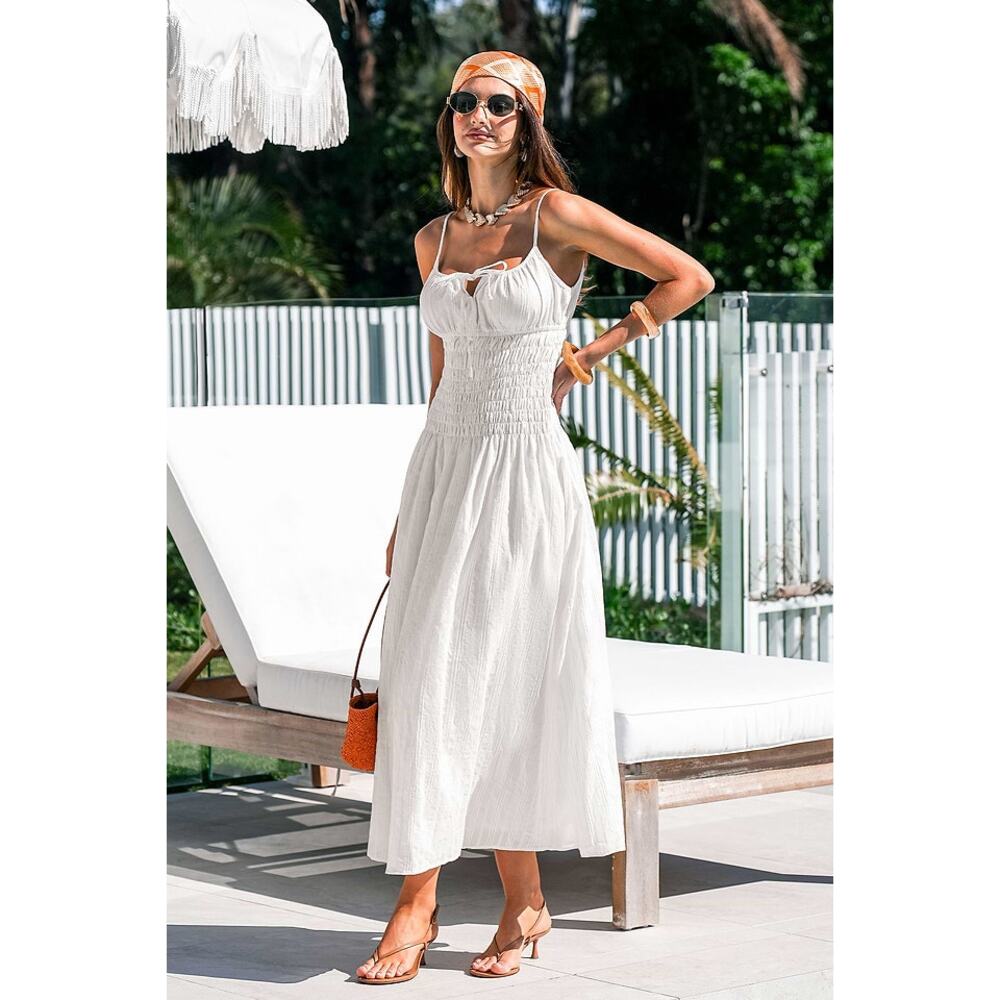 NEW Cupshe x‎ Kelsey Anderson Sunny Side Maxi Dress White Smocked Tie Front MED - Picture 7 of 16